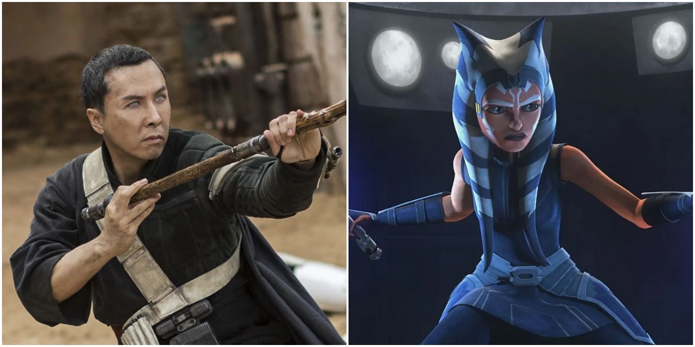 Chirrut in Star Wars: Rogue One and Ahsoka in The Clone Wars