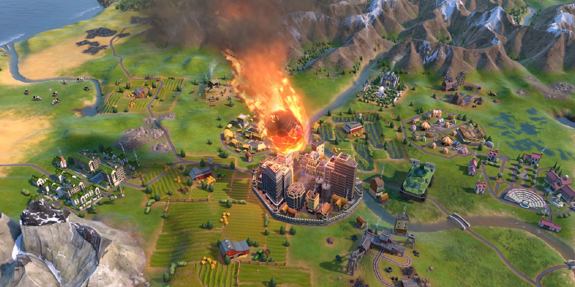 A meteor crashing down on a city in Civilization VI