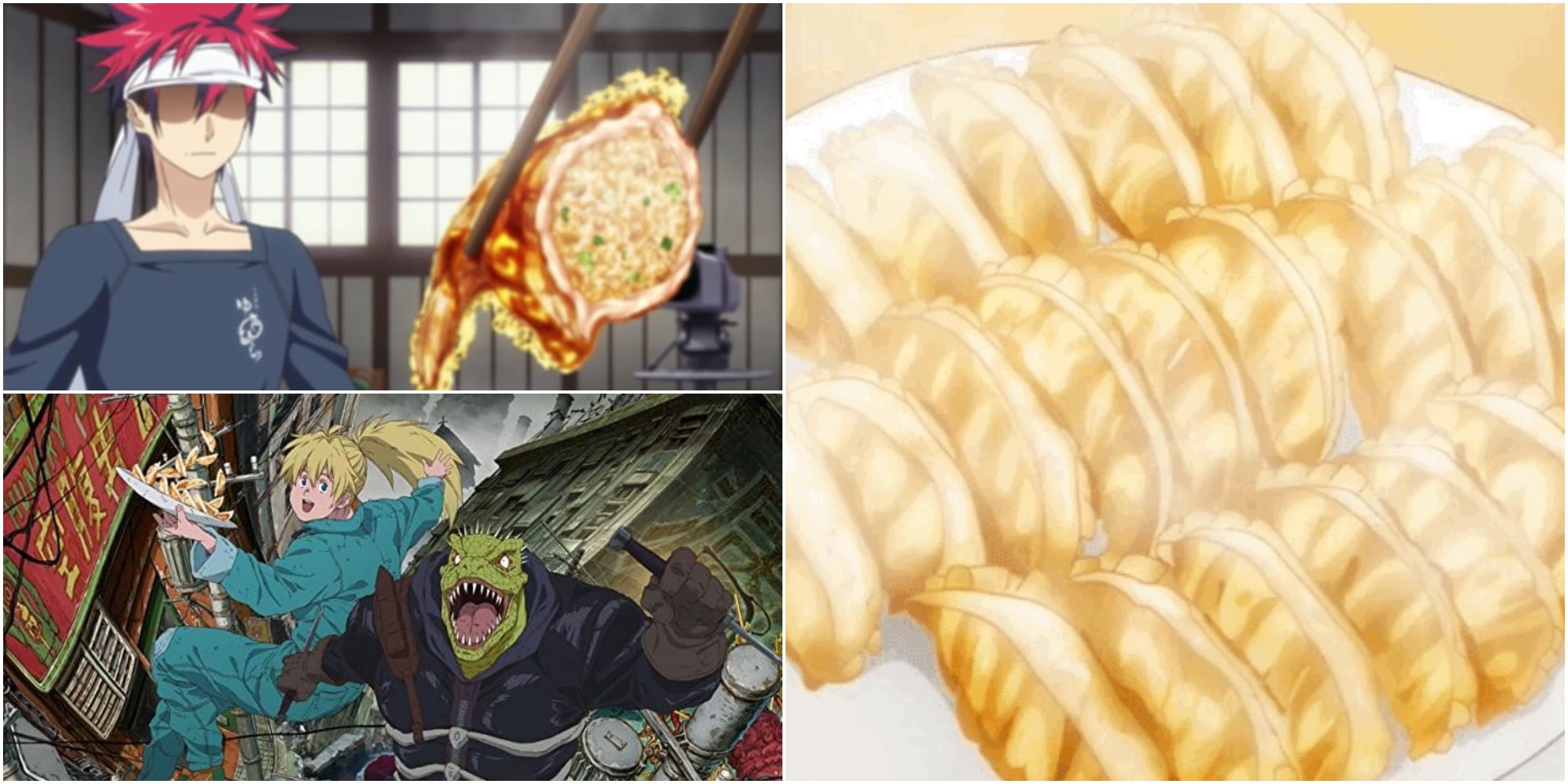 Collage of Gyoza as seen in the anime SAkura Cardcaptor, Food Wars and Dorohedoro