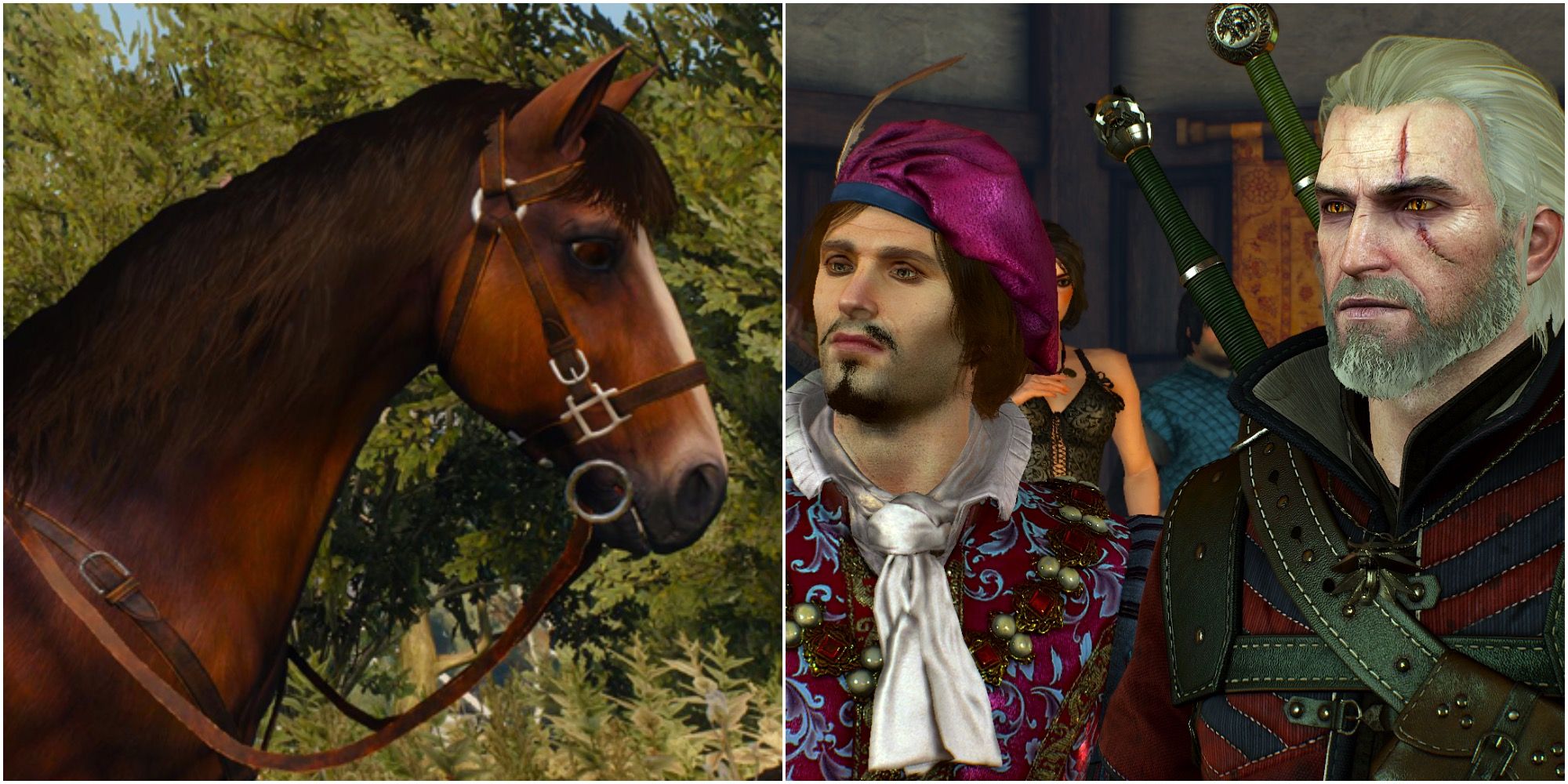Collage of Lovable Friends in The Witcher 3 Roach Geralt and Dandelion