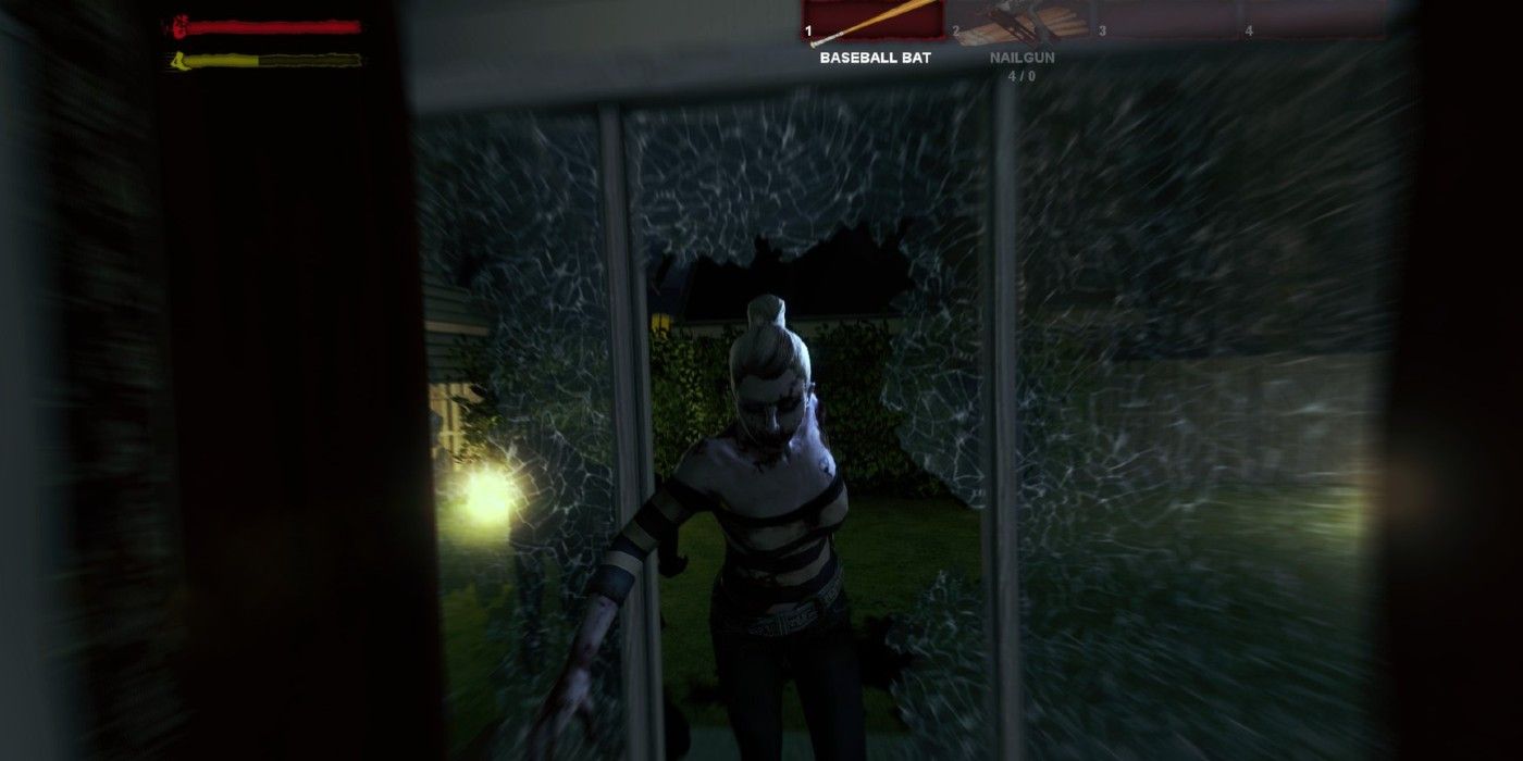Contagion Game zombie breaking through glass door in blurry first person VR 