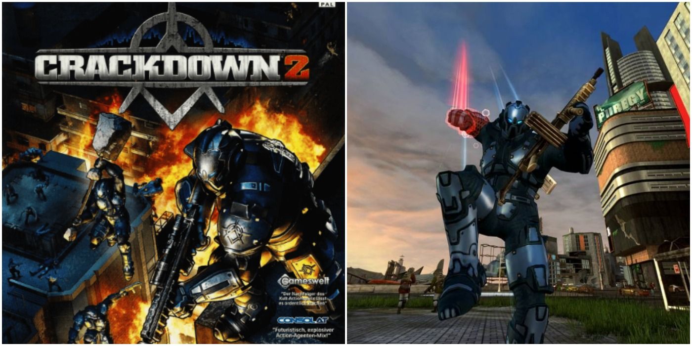 split image of Crackdown 2 Xbox 360 box art and armored troop charging slamming melee weapon