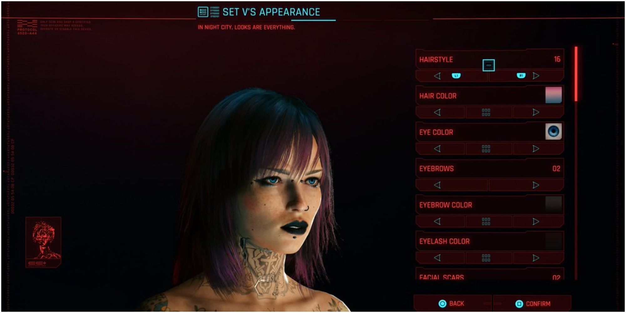 The character editor in Cyberpunk 2077