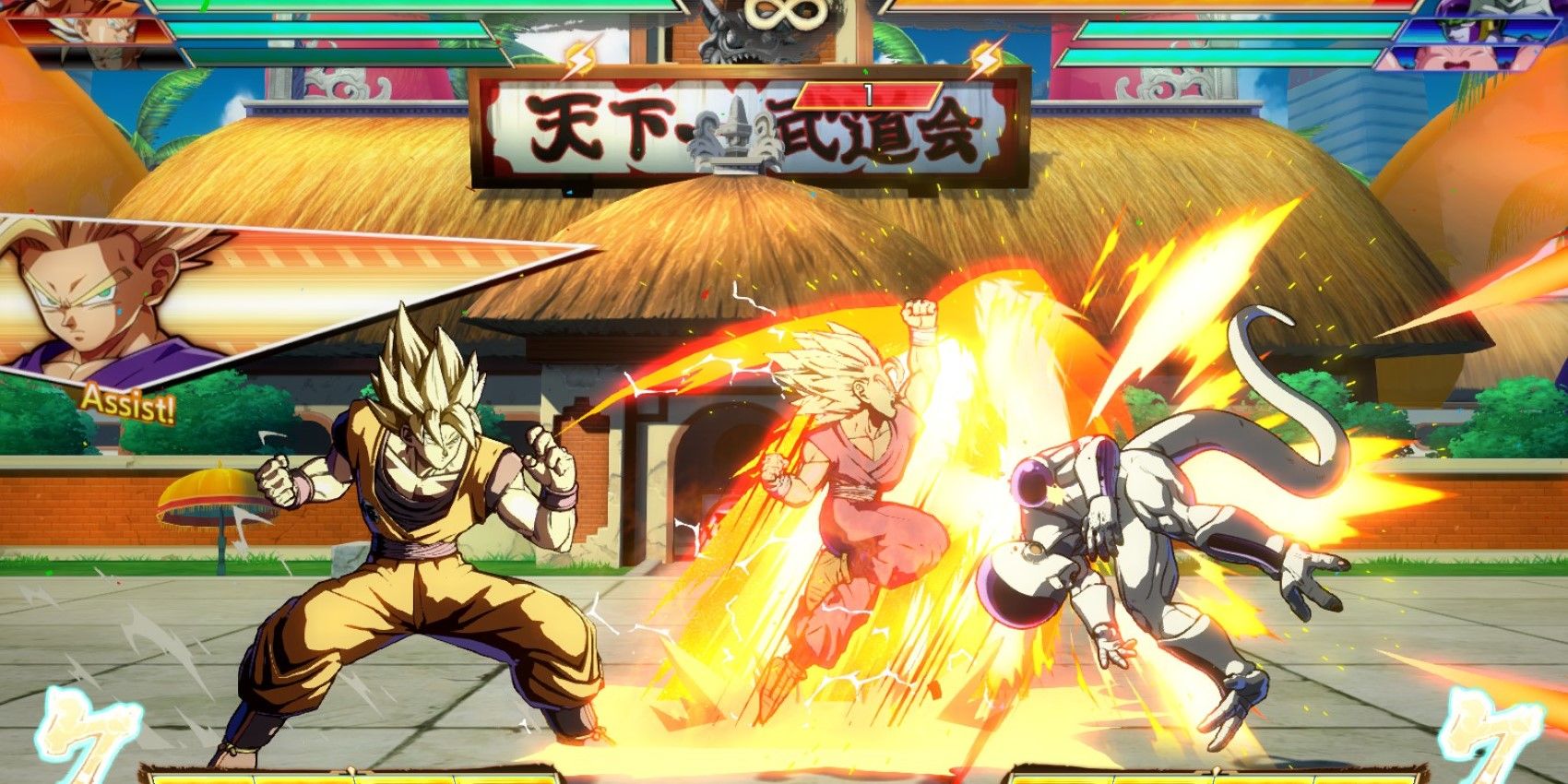 DBFZ Gohan assisting Goku with an attack against Frieza