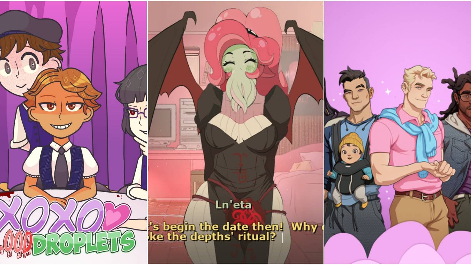A collage of different dating sim parody games