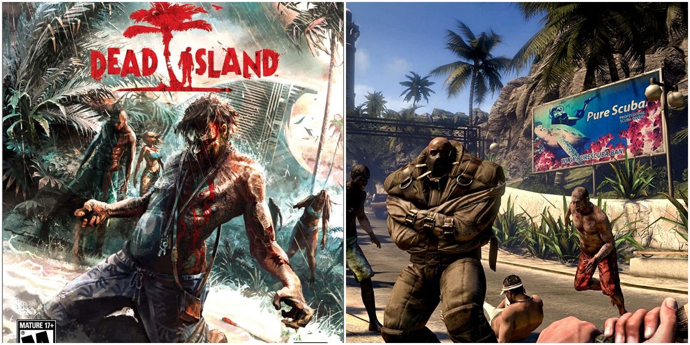 split image of Dead Island Xbox 360 box art and pursuing zombies in tropical locale billboard
