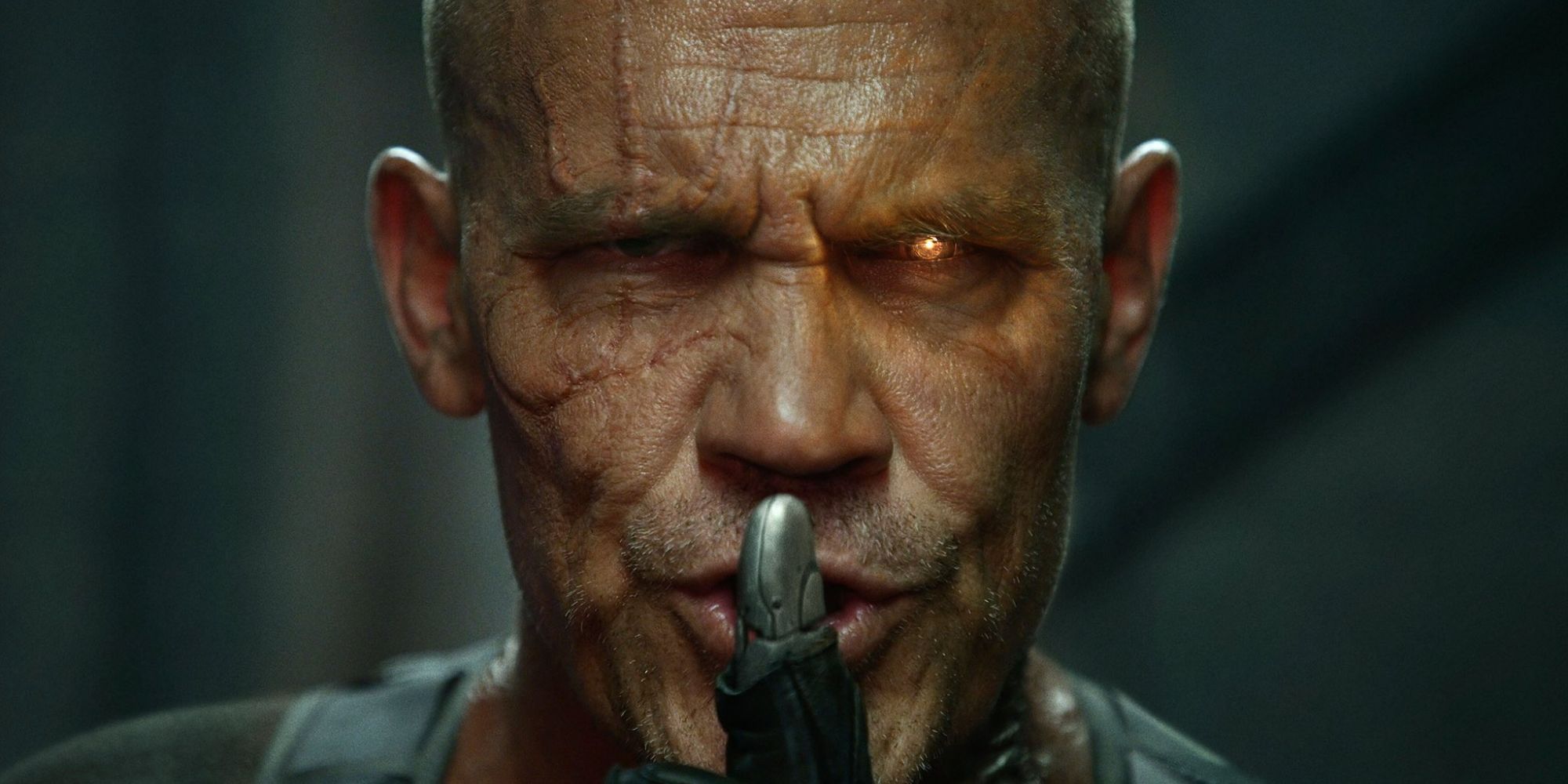 Closeup of Cable from Deadpool 2 shushing