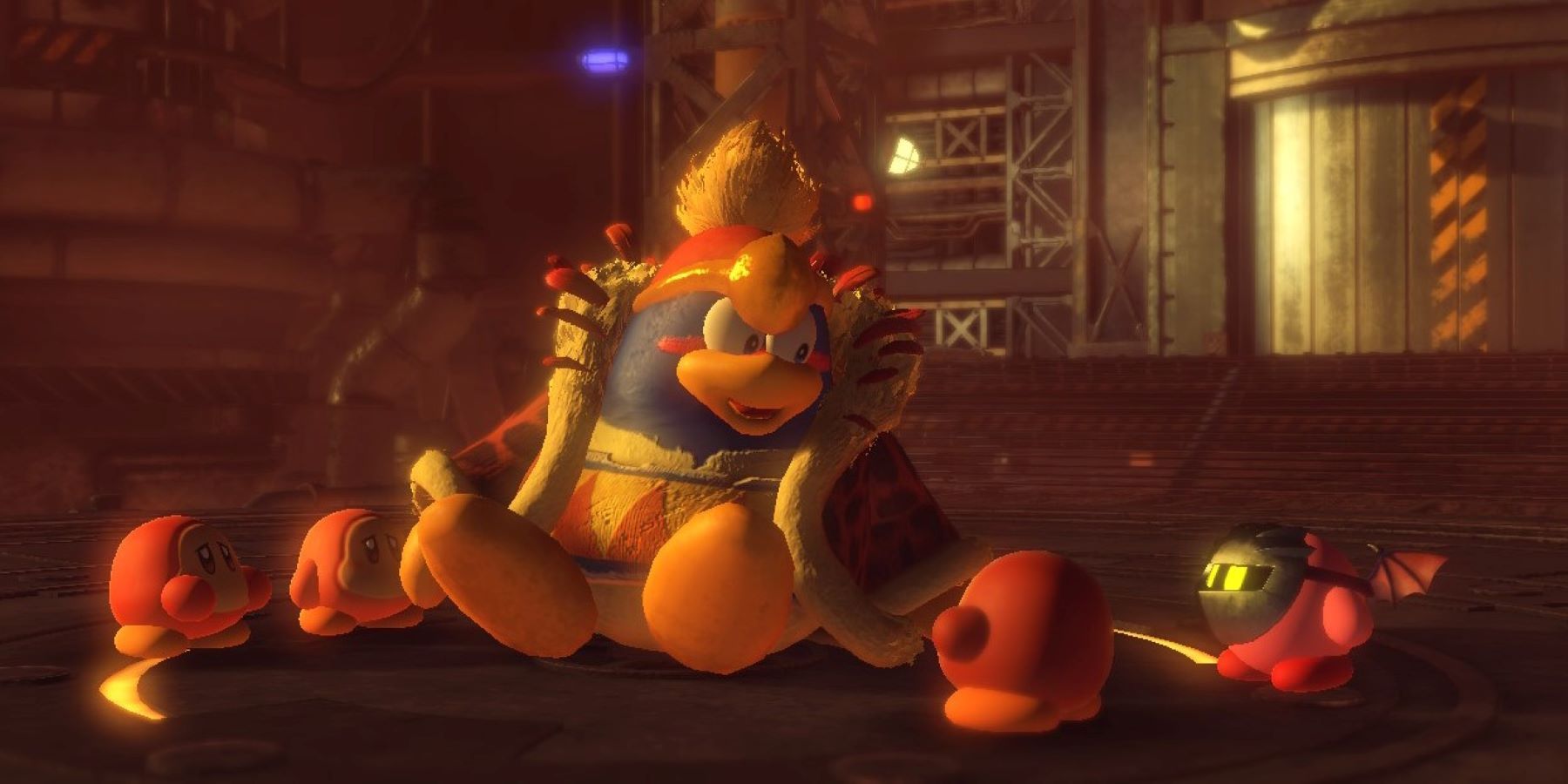 King Dedede reawakening with Kirby and some Waddle Dees after his Forgo Dedede boss battle in Kirby and the Forgotten Land
