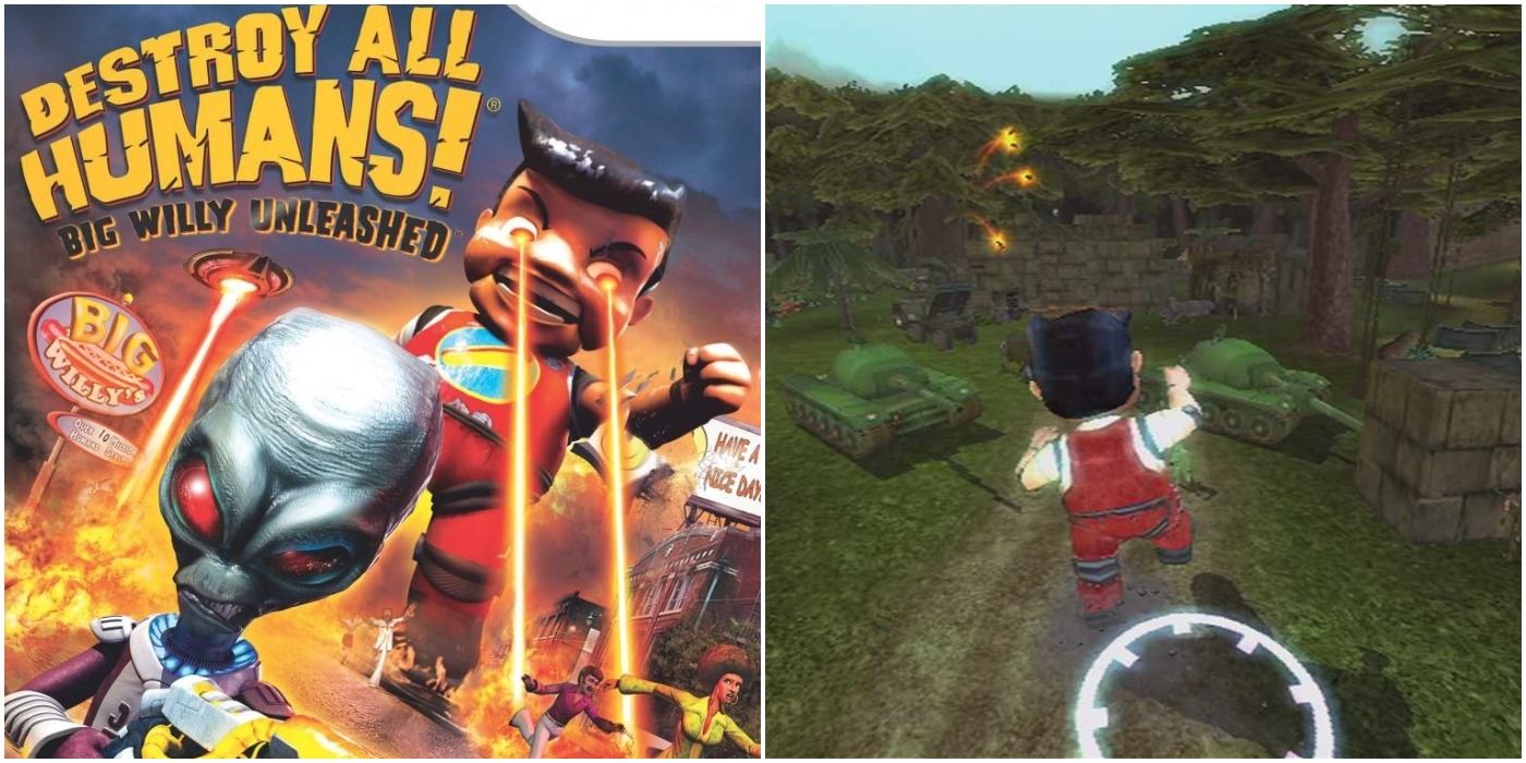 Destroy All Humans Big Willy Unleashed split image of box art and giant boy rampaging through tanks