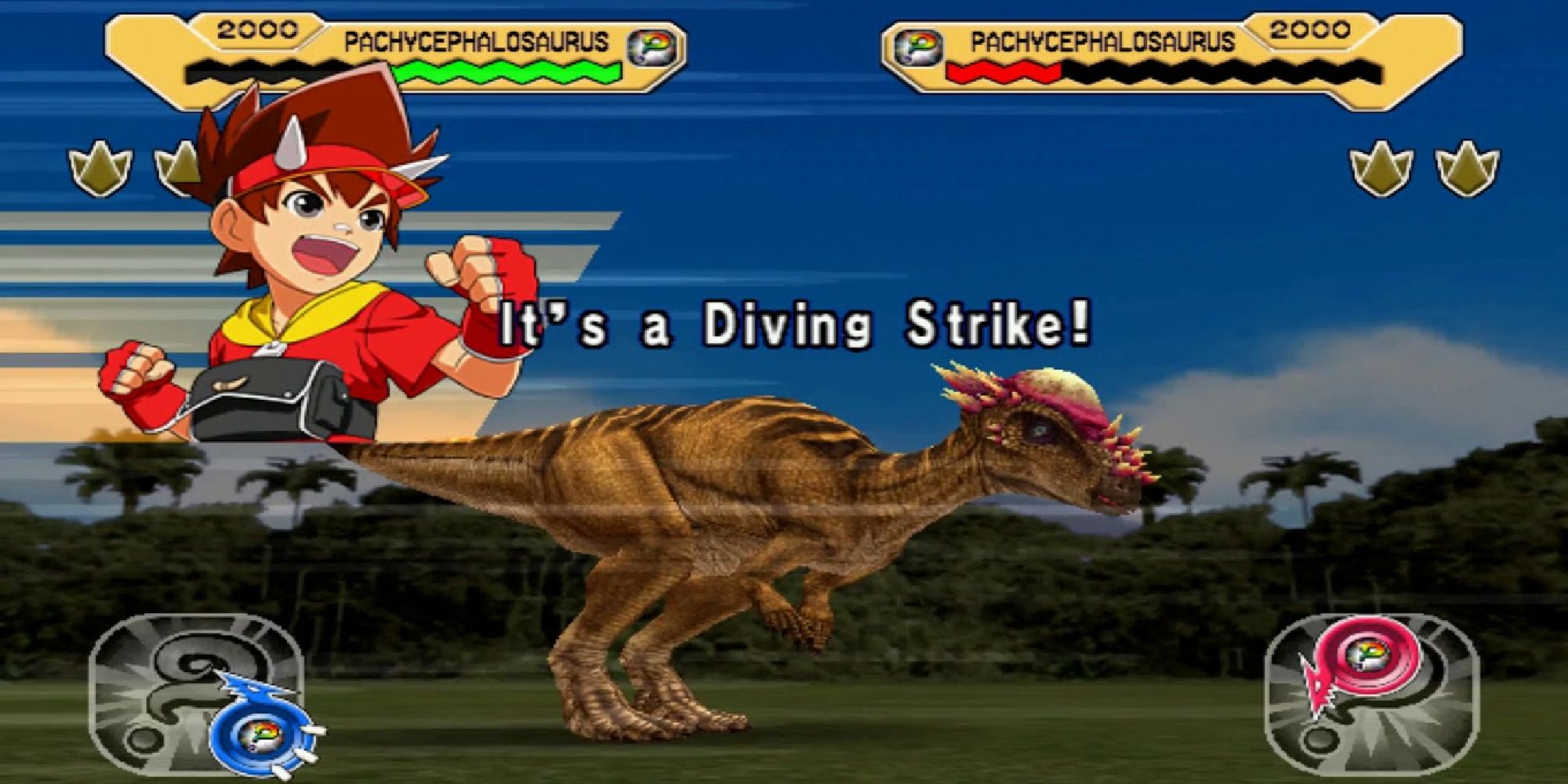 The battle screen of Dinosaur King for arcades showing a trainer commanding a Pachycephalosaurus to use a Diving Strike attack