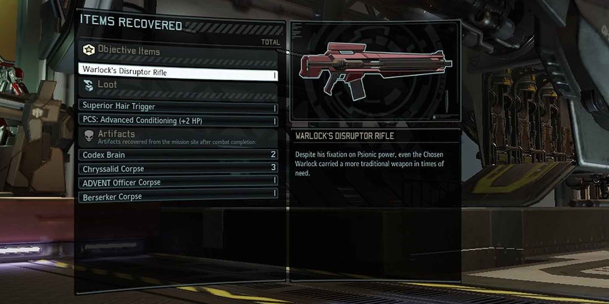 The information screen after finding the Disruptor Rifle in Xcom 2