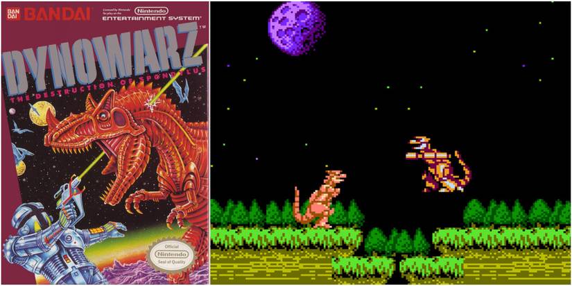 Dynowarz NES cover art and gameplay