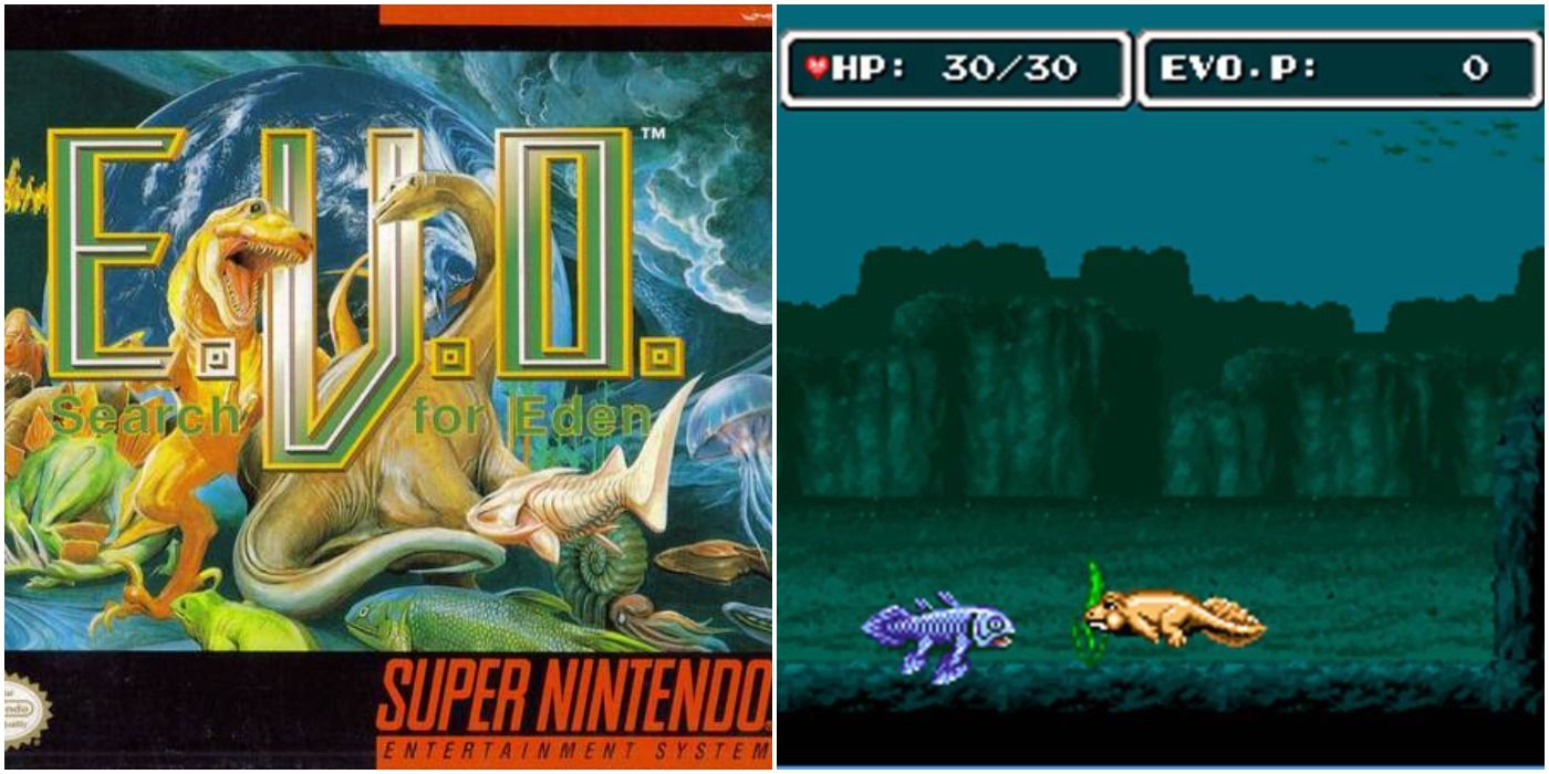 EVO Search for Eden SNES split image of box art and amphibians facing off in underwater locale