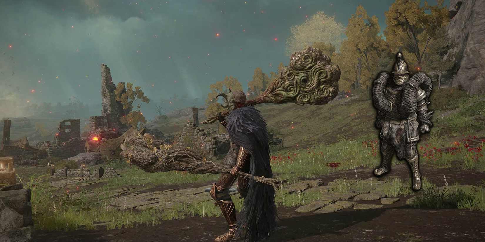 Elden Ring - Bull-Goat Armor Set Overlaid On Image Of Player Character in Stereotypical Strength Build Armor