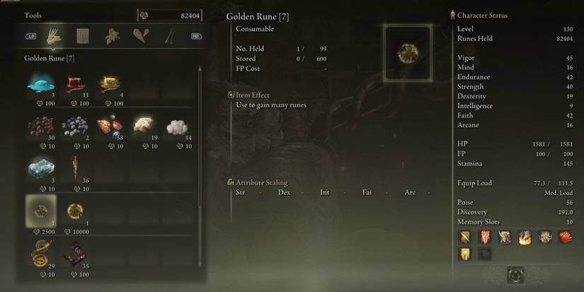 Elden Ring - Looking At The Golden Rune Prices In Sell Menu