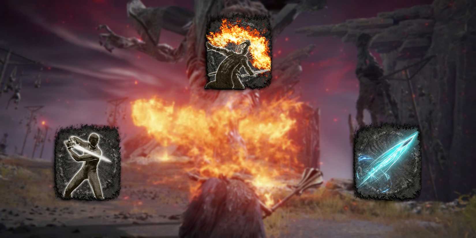 Elden Ring - Most Stance Damage Heavy Ashes Of War Overlaid On Image Of Character Using Flame of the Redmanes