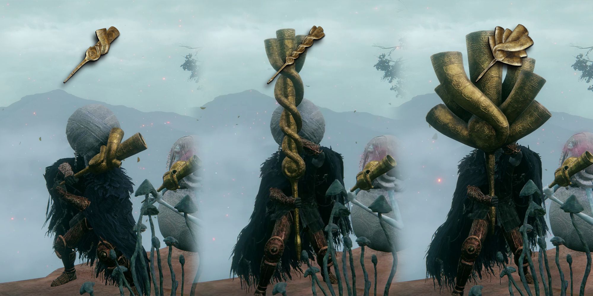 Elden Ring - PNG of All Three Envoy Horn Weapons Overlaid On Images Of Player Character Wielding Them