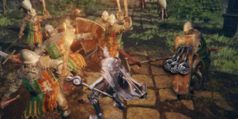 Elden Ring - PNG of Ironjar Aromatic Overlaid On Image Of Soldiers Hitting Ironjar'd Character