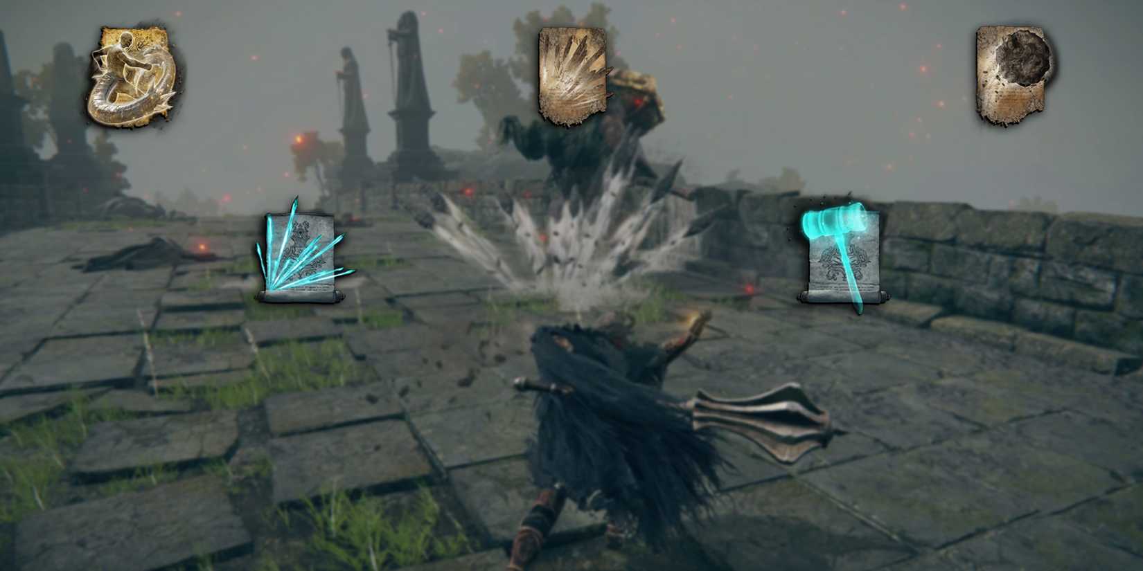 Elden Ring - PNGs Of Most Stance Damage Heavy Incantations And Spells Overlaid On Image Of Player Using Beastial Sling