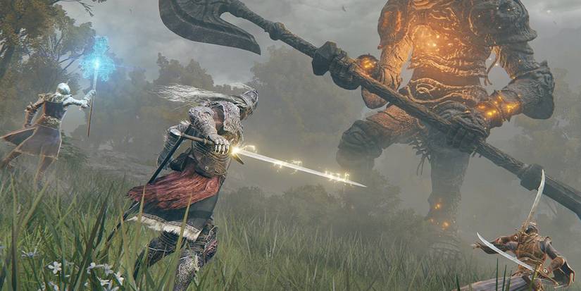 Elden Ring - Three Characters Up Against A Giant Golem Using Different Weapons