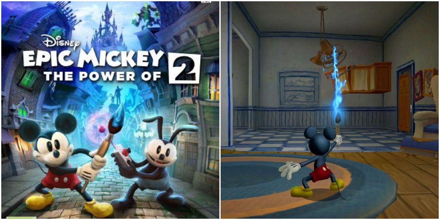 split image of Epic Mickey Power of Two Xbox 360 box art and Mickey firing energy from paint brush in house