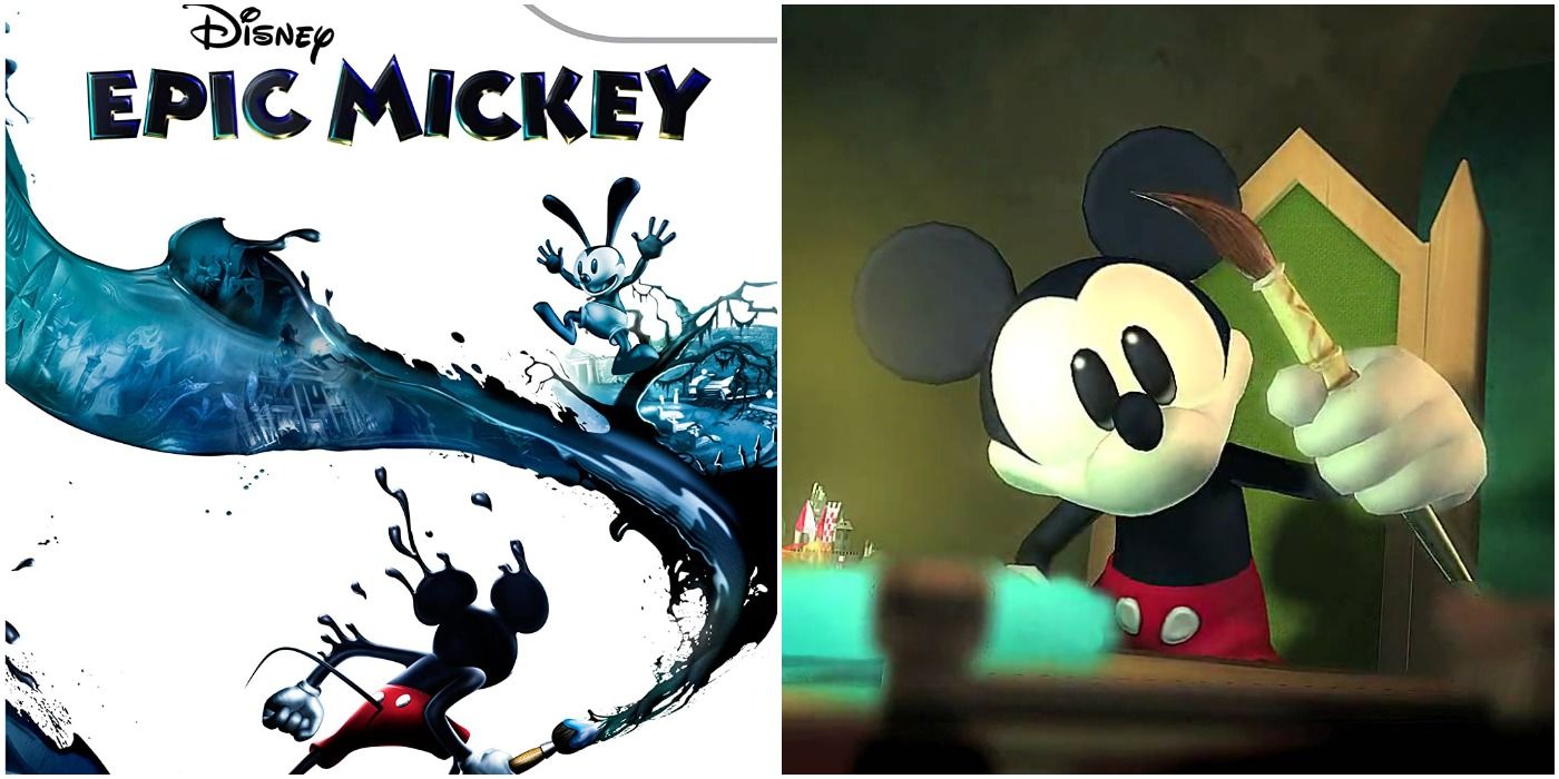 Epic Mickey Wii split image of box art and Mickey holding paint brush