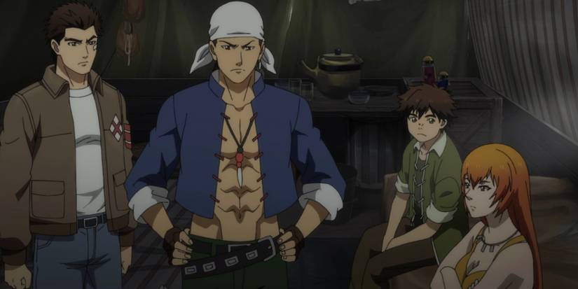 Ryo Hazuki, Ren, Joy and Wong in hideout Shenmue anime