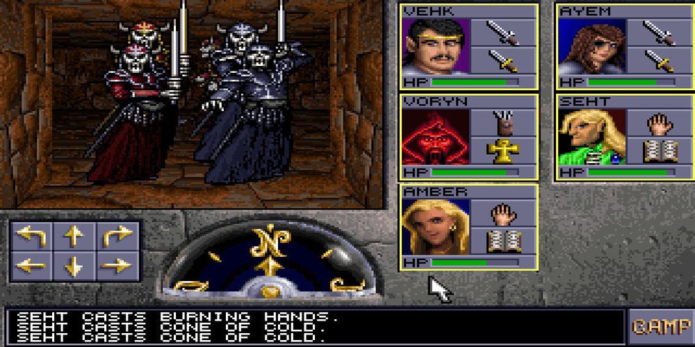 Five adventurers coming face to face with a group of armed skeletons.