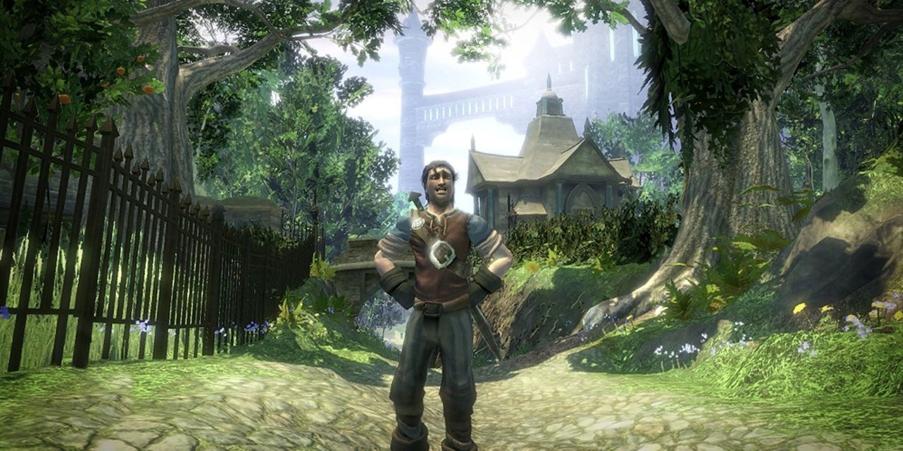 A Fable 2 protagonist standing on a paved woodland road with a city in the background