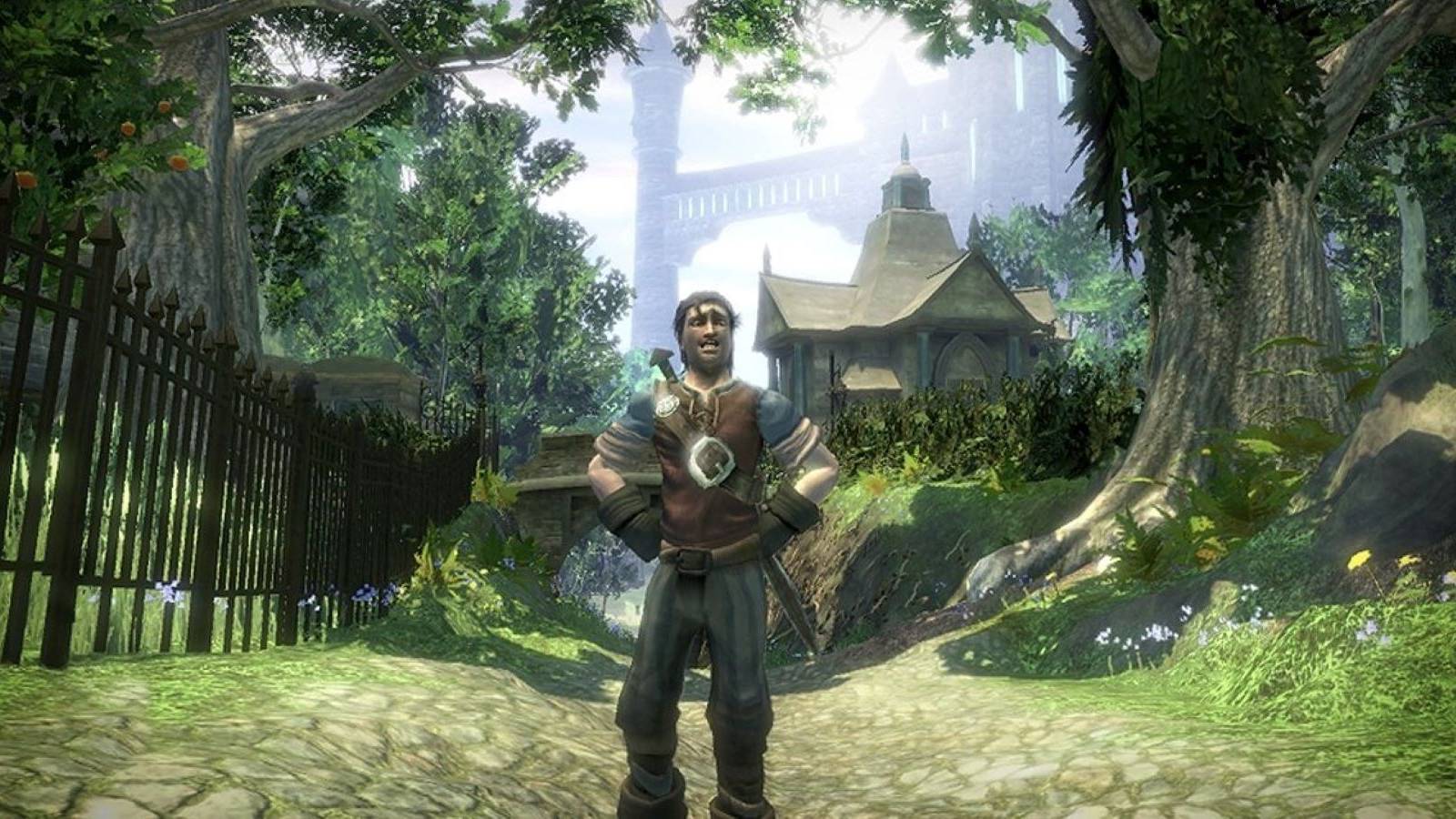 A Fable 2 protagonist standing on a paved woodland road with a city in the background