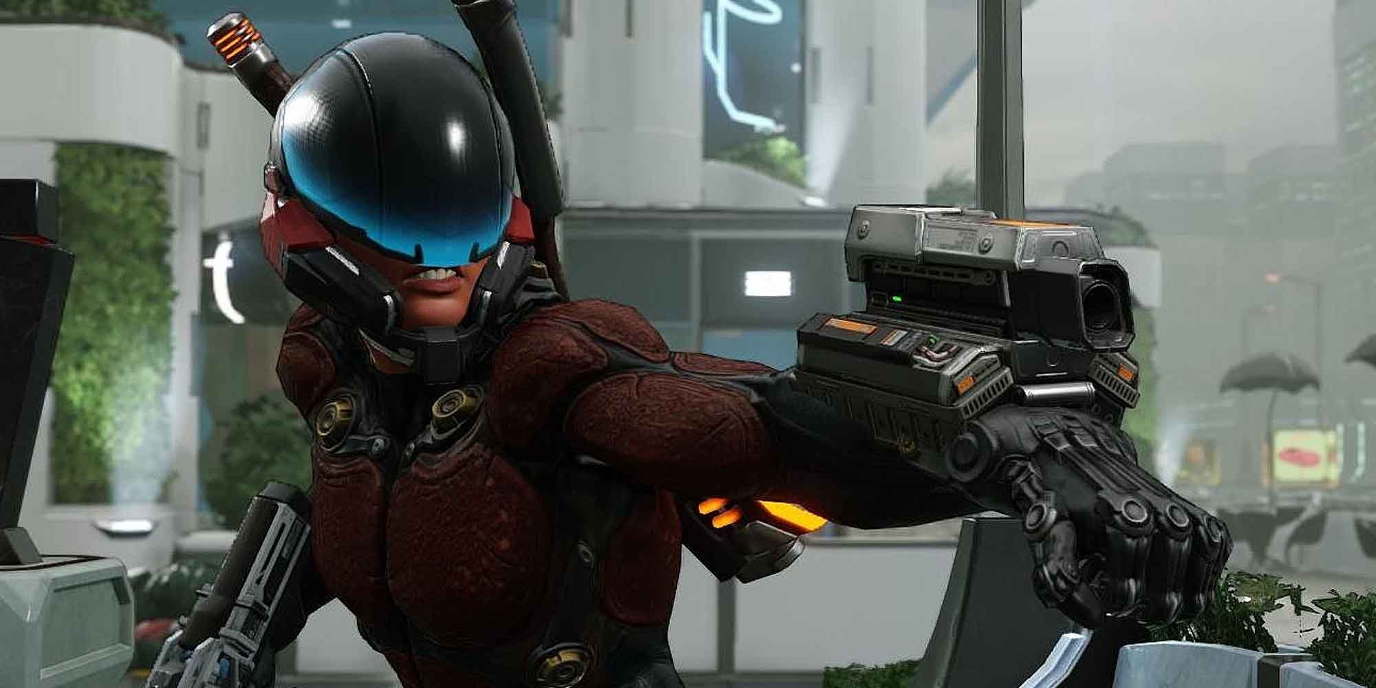 A soldier wearing the Warden Armor in Xcom 2