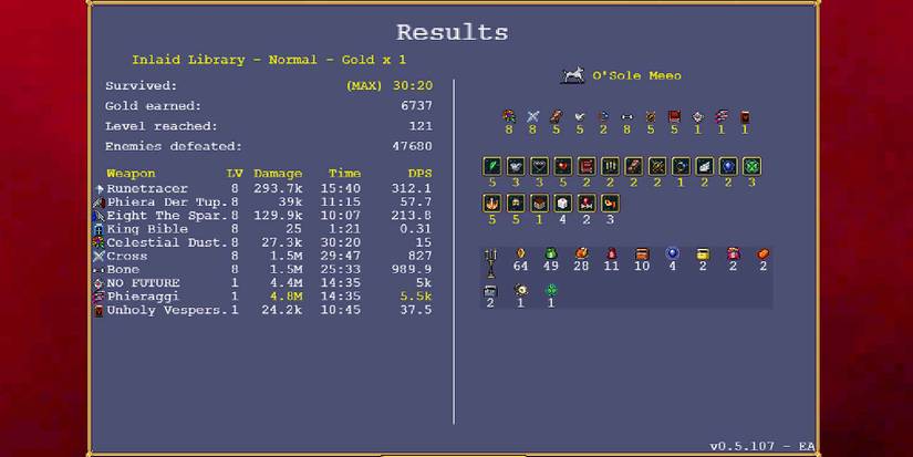 The Results screen for O'Sole Meeo in Vampire Survivors