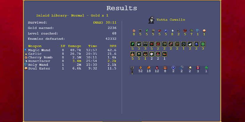 The Results Screen for the Inlaid Library in Vampire Survivors