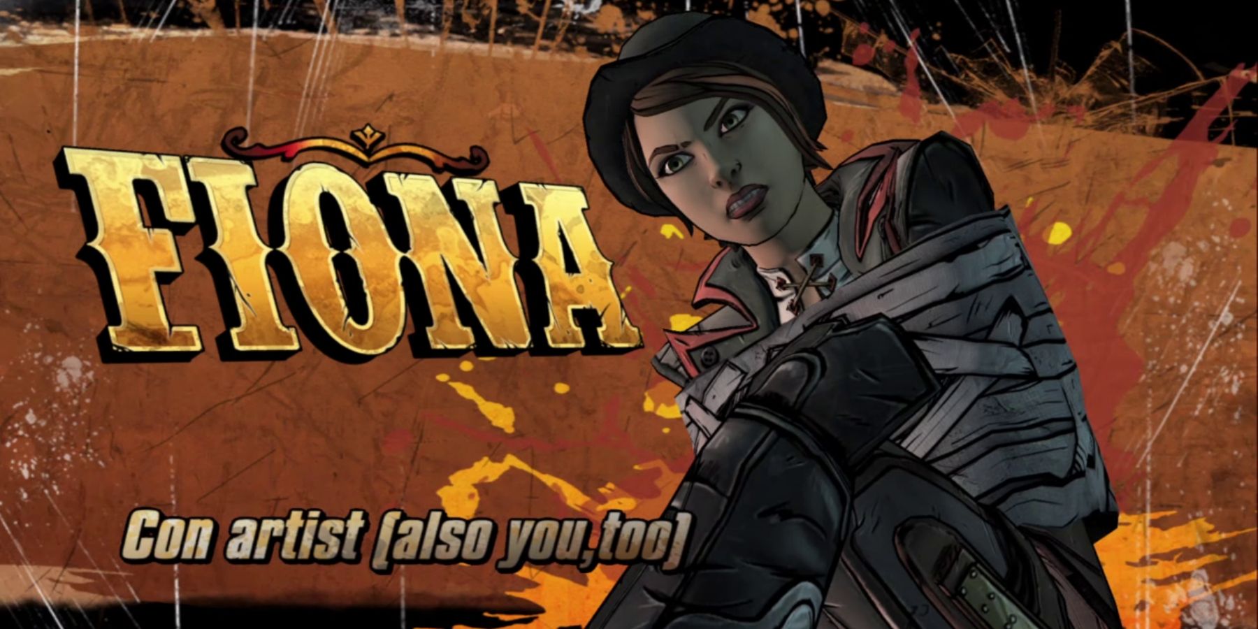 a young woman in a bowler hat and a dark coat with red trim. She's tied up. text reads: fiona: con artist (also you, too)