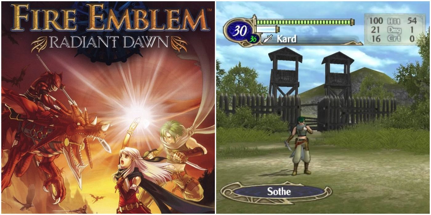 Fire Emblem Radiant Dawn split image of box art and hero at watch tower