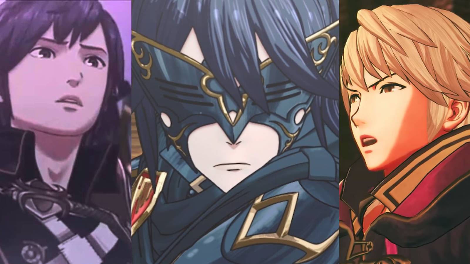 Chrom staring at Lucina in a cutscene; Lucina in disguise as Marth in a cutscene; Robin in a cutscene from Fire Emblem Warriors