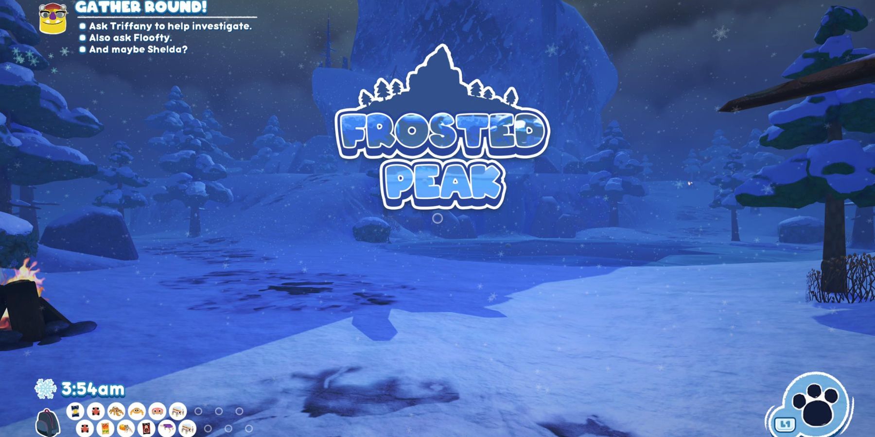 a snow-covered landscape with the words "Frosted Peak" under a silhouette of a mountain in the middle of the screen
