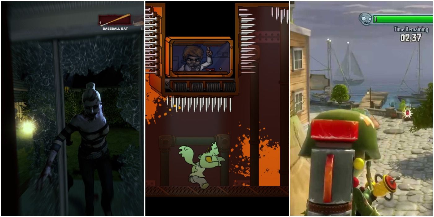 Split image of zombie breaking through door in Contagion, 2D zombie game Dead Zed, and Plants Vs Zombies Garden Warfare