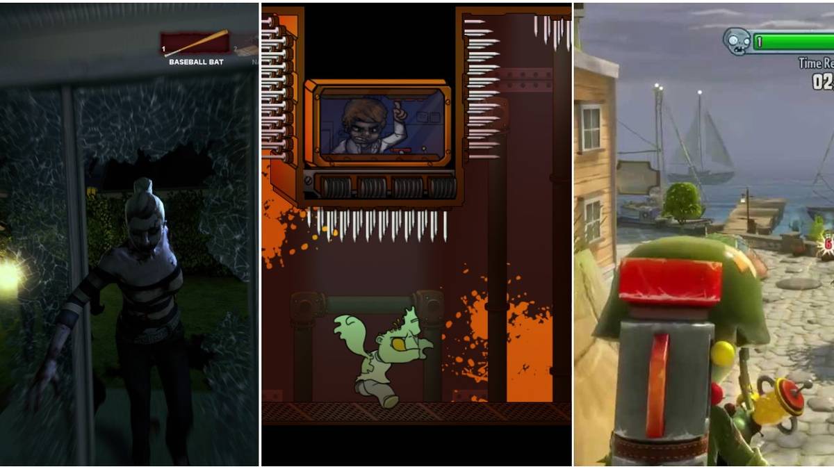 Split image of zombie breaking through door in Contagion, 2D zombie game Dead Zed, and Plants Vs Zombies Garden Warfare