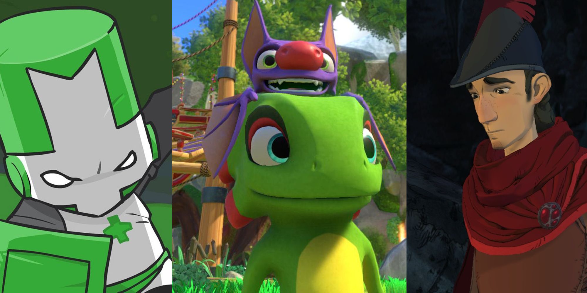 The Green Knight from Castle Crashers; Yooka the Chameleon & Laylee the Bat in Yooka-Laylee; a young King Graham appearing in the King's Quest PC reboot