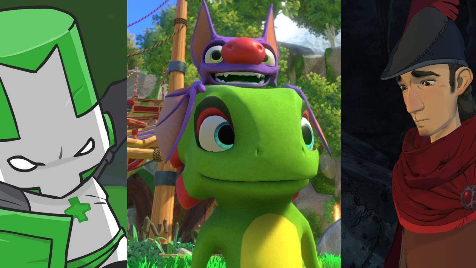 The Green Knight from Castle Crashers; Yooka the Chameleon & Laylee the Bat in Yooka-Laylee; a young King Graham appearing in the King's Quest PC reboot