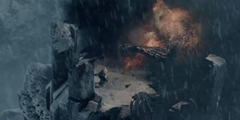 Gandalf and the Balrog fighting on top of tower