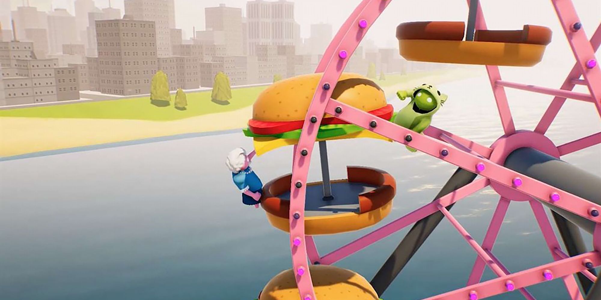 Gang Beasts Ferris Wheel Level with characters duking it out
