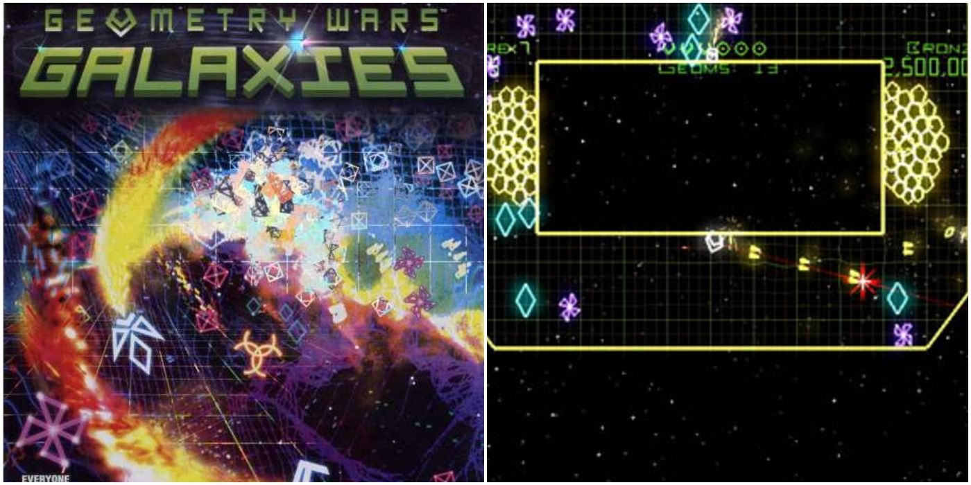 Geometry Wars Galaxies split image of box art and polygons firing in square arena