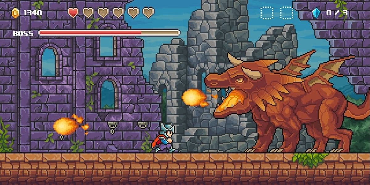 A boss fight with a large dragon in Goblin Sword