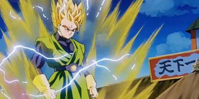Gohan turning into a Super Saiyan in his Great Saiyaman Suit in Dragon Ball Z