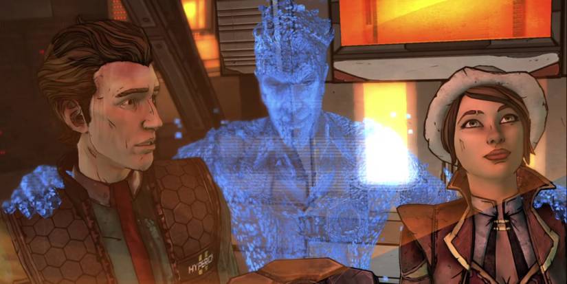 rhys in a dark, hyperion vest and fiona in her white hat and red coat standing on either side of a digital handsome jack with his arms around their shoulders