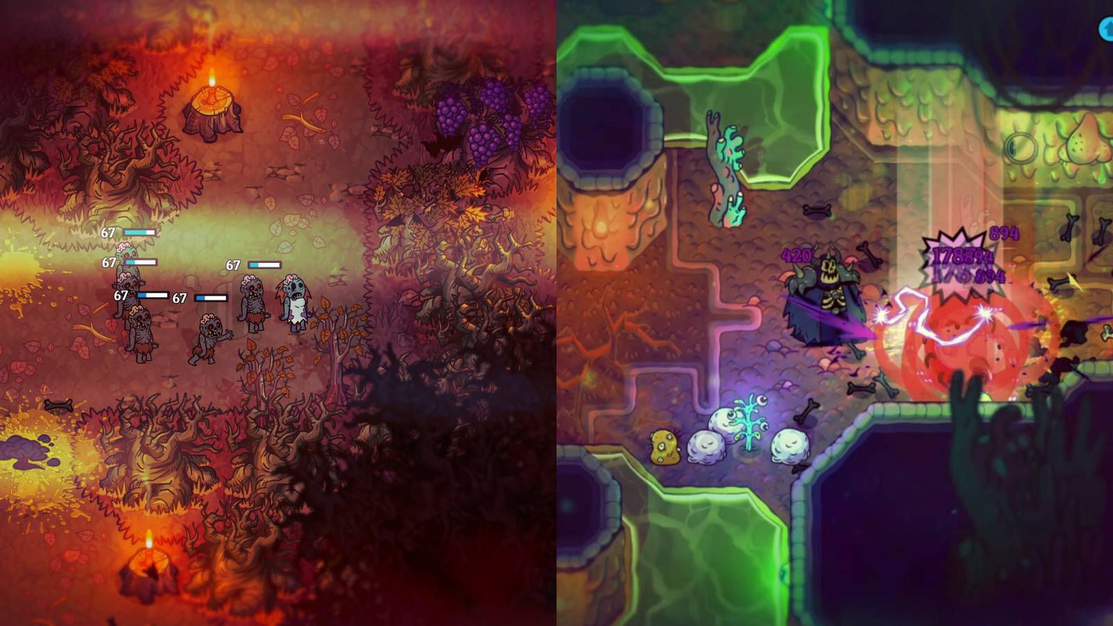 a zombie in a white dress leading a pack of other zombies in brown loincloths; a large skeleton in a black cloak standing in a cave, firing purple lightning at a group of enemy monsters