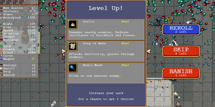 Selecting the Song of Mana weapon in Vampire Survivors