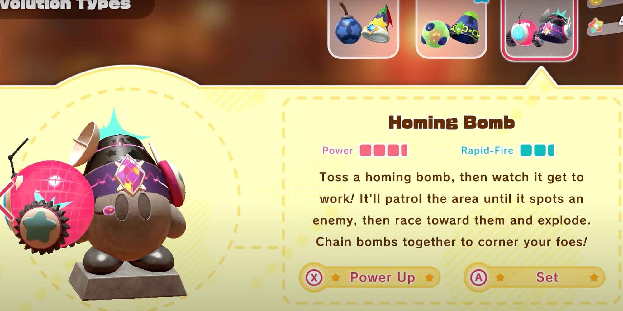 The Homing Bomb upgrade for the Bomb copy ability in Kirby and the Forgotten Land